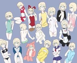 blonde_hair blue_background blue_eyes bowtie bunny_ears bunnysuit color danganronpa danganronpa:_trigger_happy_havoc danone_yogurt femboy glasses maid_uniform male male_focus male_only pale_skin panties pose posing ribbons school_uniform simple_background skirt smooth_skin togami_byakuya