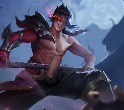 1boy big_penis braid braided_hair bulge bulge_through_clothing darkin kayn league_of_legends long_hair long_penis male_focus male_only pants penis penis_out rhaast_(league_of_legends) six_pack smiling_at_viewer younger_male