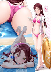 :o absurdres ass bangs bare_legs barefoot beach bikini blush bottle bracelet breasts cellphone cleavage collarbone feet feet_up female full_body highres holding holding_bottle holding_phone hood hooded_jacket innertube jacket jewelry long_hair looking_at_viewer love_live! love_live!_sunshine!! lying medium_breasts multiple_views musical_note navel on_stomach open_clothes open_jacket open_mouth orange_print phone pink_bikini red_eyes sakurauchi_riko sand short_sleeves side-tie_bikini sidelocks smartphone smile soles speech_bubble striped_towel swimsuit toeless_footwear towel water_bottle white_footwear white_jacket yellow_eyes yopparai_oni zooming_in