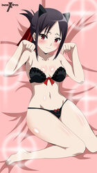 absurdres animal_ears bangs bare_legs bare_shoulders bed belly black_bra black_hair black_panties blush bow bow_panties bra breasts cat_ears cat_girl cleavage collarbone embarrassed female folded_ponytail highres indexryo kaguya-sama_wa_kokurasetai_~tensai-tachi_no_renai_zunousen~ long_hair looking_at_viewer lying medium_breasts navel panties parted_bangs paw_pose red_eyes shinomiya_kaguya signature tied_hair underwear