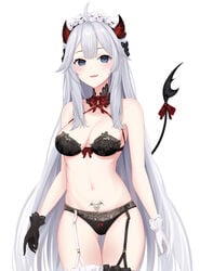 asymmetrical_gloves asymmetrical_legwear black_gloves black_legwear blue_eyes breasts cleavage demon_girl demon_horns demon_tail female garter_belt garter_straps gloves highres horns long_hair navel oerba_yun_fang panties pubic_tattoo skin_fang succubus succubus_tattoo sylviez tail tattoo underwear uneven_gloves uneven_legwear veibae very_long_hair virtual_youtuber vshojo white_gloves white_hair white_legwear