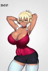 1girls big_ass big_breasts bimbo blonde_hair breasts bursting_breasts business_suit curvaceous curvy curvy_figure dark-skinned_female dark_skin deoarts female female_only glasses golden_eyes hands_behind_head hourglass_figure huge_breasts impossible_clothes lace-trimmed_thighhighs looking_at_viewer minidress miniskirt mole mole_under_mouth no_bra no_shirt office_lady open_clothes pencil_skirt posing simple_background smile solo solo_female solo_focus stockings suit teacher tied_hair wide_hips