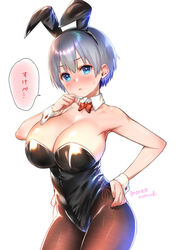 animal_ears artist_name big_breasts blue_eyes blush bowtie bunny_ears bunnysuit cleavage collar embarrassed grey_hair hair_between_eyes looking_at_viewer nanase_meruchi pantyhose short_hair solo_female solo_focus sweat uzaki-chan_wa_asobitai! uzaki_hana very_short_hair