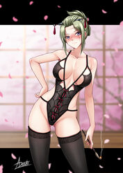 adsouto alternate_costume black_legwear black_leotard breasts cleavage facial_scar female female_only fishnet_legwear fishnets folded_ponytail gintama green_hair hair_ornament highres holding holding_pipe kiseru large_breasts leotard lingerie pipe purple_eyes revealing_clothes scar scar_on_cheek scar_on_face sidelocks skimpy_clothes solo stockings teddy_(clothing) thighhighs tsukuyo