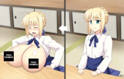 1girls abridged-satoko artoria_pendragon breast_expansion censored censored_breasts fate/stay_night fate_(series) huge_breasts nipple_censor paywall_censor saber