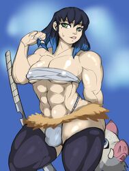 ambush_(trap) baguette_(artist) big_pecs demon_slayer femboy fundoshi inosuke_hashibira kimetsu_no_yaiba male muscles muscular_trap pose solo thick_thighs trap