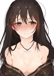 bare_shoulders blue_eyes blush breasts brown_hair cardigan cleavage earrings female female female_only full-face_blush green_eyes high_resolution hplay idolmaster idolmaster_cinderella_girls jewelry long_hair looking_at_viewer looking_away low_neckline medium_breasts necklace no_bra off_shoulder open_clothes open_shirt school_uniform shibuya_rin shirt sketch small_breasts solo tagme uniform upper_body very_high_resolution