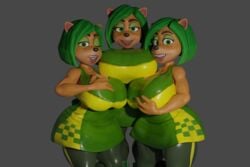 3d 3girls ami_bandicoot bandicoot blender clothing crash_(series) eyeshadow green_eyes green_hair hi_res huge_breasts leoui9 lips looking_at_viewer multiple_persona open_mouth seductive seductive_eyes seductive_look seductive_smile self_upload short_hair smile thick_thighs tight_clothing wide_hips wink