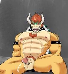 1boy bara bowser choker cum dragon erection furry gay grey_background hairy horns kiro koopa leaning_back male male_only mario_(series) nintendo nipples open_mouth orange_hair penis red_eyes shell simple_background sitting solo spikes spread_legs testicles vein veiny_penis