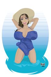 brown_hair earrings futanari happy hoop_earrings hoop_earrings_oversized kiel_arts milf oiled_skin one_piece_swimsuit solo_futa sunhat water