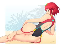 1girls ass barefoot bubble_butt competition_swimsuit dat_ass ear_piercing feet female lackatask looking_at_viewer nintendo one-piece_swimsuit outdoors outside pyra red_eyes red_hair school_swimsuit short_hair sideboob sole solo swimsuit toes white_skin xenoblade_(series) xenoblade_chronicles_2