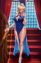 1futa balls big_breasts blonde_hair blush breasts bulge clothed clothing dress exlic flaccid futa_only futanari horny human large_breasts light-skinned_futanari light_skin looking_at_viewer mario_(series) mostly_clothed pale_skin penis princess_rosalina solo standing starry_night_dress_(sarukaiwolf) super_mario_galaxy testicles thick_thighs wide_hips