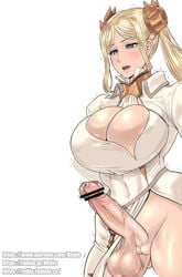 1futa bad_anatomy big_breasts big_penis bimbo bimbo_futanari bimbofied blonde_hair breasts censored_penis cleavage clothed clothing erect_penis erection full-package_futanari futa_only futanari huge_breasts human light-skinned_futanari light_skin mostly_clothed navel nier:_automata pale_skin penis pussy rebis solo standing testicles white_background yorha_commander