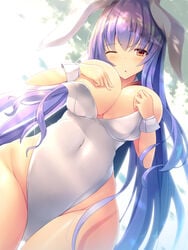 animal_ears blush breasts bunny_ears large_breasts leotard liya looking_at_viewer looking_down navel orange_eyes purple_hair reisen_udongein_inaba skin_tight standing tagme touhou wink