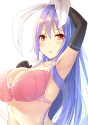 animal_ears arm_up blush bra breasts bunny_ears cleavage gloves large_breasts liya long_hair looking_at_viewer navel purple_hair red_eyes reisen_udongein_inaba standing tagme touhou very_long_hair