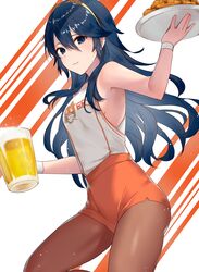 1girls alternate_costume beer blue_eyes blue_hair female female_only fire_emblem fire_emblem_awakening food hairband haru_(nakajou-28) holding_beer holding_food hooters hooters_uniform human human_only light-skinned_female light_skin long_hair lucina_(fire_emblem) nintendo short_shorts sideboob sleeveless sleeveless_shirt small_breasts smile smiling source_request tank_top view_from_below viewed_from_below waitress waitress_uniform