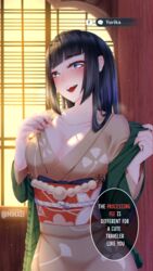 1girls black_hair blue_eyes blush breasts cleavage collarbone english_text female genshin_impact japanese_clothes kimono looking_at_viewer medium_breasts minxei naughty_face npc smile undressing yurika_(genshin_impact)