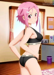 ass bare_arms bare_legs bare_shoulders bedroom black_bra black_panties bra breasts female freckles highres large_breasts lisbeth looking_at_viewer panties pink_eyes pink_hair pov pov_eye_contact short_hair shugo19 signature smile sword_art_online underwear