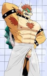 1boy arm_up bara bathroom bowser choker furry gay hairy horns indoors kiro koopa leaking_cum male male_only mario_(series) nintendo nipples open_mouth orange_hair penis red_eyes shell solo standing steamy towel towel_around_waist vein veiny_penis