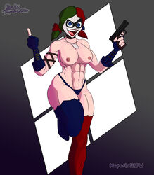 1girls abs belly belly_button big_ass big_breasts big_butt blue_eyes clown dc dc_comics female_only fit_female gloves gun handgun harley_quinn harley_quinn_(injustice) injustice:_gods_among_us legs makeup mapashonsfw muscular muscular_female naked nipples pistol solo thick_thighs thighhighs thighs thong_panties white_body