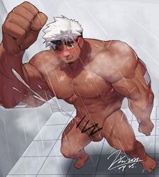 1boy abs akiha_gongen_(tokyo_afterschool_summoners) bandaid bandaid_on_nose bar_censor bara blush completely_nude cum dark-skinned_male dark_skin ejaculation erection face facial_hair foreshortening foreskin full_body goatee holding horns jin_(sirius-j) large_pectorals male male_focus male_only multicolored_hair muscular muscular_male navel nipples nude one_eye_closed pectorals penis projectile_cum scar scar_across_eye scar_on_cheek scar_on_face scribble short_hair shower_(place) showering sideburns single_horn solo stomach thick_eyebrows thighs tokyo_afterschool_summoners tokyo_houkago_summoners two-tone_hair white_hair