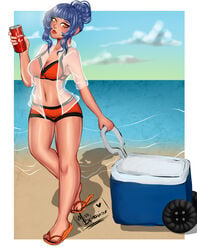 1girls alternate_costume athena_(fire_emblem) bikini blue_hair breasts brown_eyes fire_emblem fire_emblem:_new_mystery_of_the_emblem fire_emblem:_shadow_dragon legs medium_hair misbehavior nintendo orange_bikini orange_swimsuit see-through soda solo solo_female swimsuit