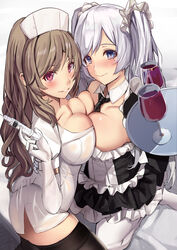 2girls alcohol aqua_eyes aqua_hair bed bedroom blush breast_press breasts brown_eyes brown_hair female female_only gloves hi_res high_resolution highres injection large_breasts maid maid_outfit maid_uniform nurse nurse_outfit nurse_uniform original thighs untsue wine wine_glass