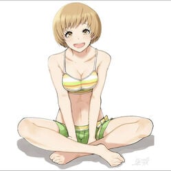 1girls atlus brown_eyes brown_hair feet human kurosususu megami_tensei pale_skin persona persona_4 satonaka_chie sega sitting swimsuit swimwear tomboy