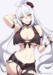 1girls 2021 ahoge alternate_costume alternate_hairstyle arm_up armband armpit_crease artist_signature belly_button belt bikini_top black_bikini_top black_clothing black_gloves black_nails black_shorts blush breasts choker cleavage fate/grand_order fate_(series) female female_focus female_only fingerless_gloves garter_straps gloves hand_behind_head hat hips huge_breasts jeanne_alter jeanne_alter_(mystery_treasure) long_hair looking_at_viewer nail_polish naughty_face painted_nails pale-skinned_female pale_skin pendant punopupupu sailor_uniform shiny_skin short_shorts shorts simple_background slim_waist suggestive_look thick_thighs thighs twitter_username very_long_hair white_background white_hair wide_hips yellow_eyes zeroshiki_kouichi