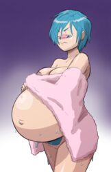 1girls areola_slip areolae axel-rosered belly big_belly blue_hair breasts bulma_briefs dragon_ball dragon_ball_super female female_focus female_only flustered huge_belly nipple_slip nude pregnant pubic_hair short_blue_hair short_hair towel very_short_hair wet