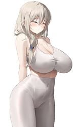 1girls 2021 arms_behind_back bare_arms belly_button blush breasts closed_eyes clothed clothed_female embarrassed eyebrows_visible_through_hair facing_forward female female_focus female_only grey_hair hi_res hips hourglass_figure huge_breasts k_pring long_hair mature_female midriff milf mother sagging_breasts side_ponytail simple_background slim_waist sports_bra thick_thighs thighs tight_clothing tight_fit uzaki-chan_wa_asobitai! uzaki_tsuki white_background white_sports_bra white_yoga_pants wide_hips workout_clothes yoga_pants