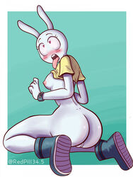 adventure_time adventure_time_distant_lands big_ass blush boots bracelet breasts furry heart-shaped_pupils nude on_knees pussy rabbit shirt_lift simple_background tagme tongue_out y5 y5_(adventure_time)