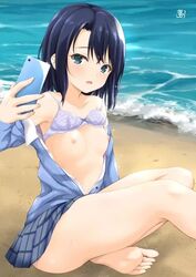 1girls adachi_sakura adachi_to_shimamura beach blue_hair blush bra bra_lift collar feet green_eyes kinohara nipples ocean outdoors selfie short_hair skirt small_breasts smartphone soles solo toes