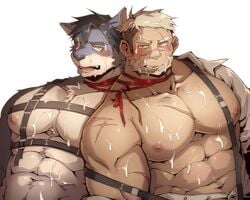 2boys abs animal_ears bara bare_pectorals beard blue_fur blush bukkake chest_harness cum cum_on_body cum_on_boy cum_on_pectorals dark-skinned_male dark_skin dog_boy dog_ears facial facial_hair fangs forked_eyebrows furry furry_with_non-furry harness head_to_head highres implied_yaoi interspecies large_pectorals leaning_on_person long_sideburns male_focus mature_male mikky multiple_boys muscular muscular_male navel nipples open_clothes open_shirt original pectorals red_ribbon ribbon scar scar_on_arm scar_on_cheek scar_on_chest scar_on_face short_hair sideburns single_bare_shoulder stomach suspenders thick_eyebrows undercut upper_body yaoi