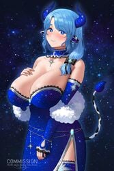 1girls blue_eyes blue_hair blush breast_suppress breasts cow_girl cow_horns cow_tail dress eyebrows_visible_through_hair female female_only huge_breasts indie_virtual_youtuber light-skinned_female light_skin looking_at_viewer mature_female miilkywayz milf mother nhaliz solo solo_female space sparkling sparkling_eyes thigh_slit virtual_youtuber