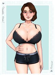 1girls abigail_shapiro big_breasts bolt_on_tits bra breasts brown_hair cleavage clothed clothed_female earring earrings female female_only gym_shorts huge_breasts jewish jewish_female large_breasts necklace pearl_necklace peppasox real_person round_breasts solo