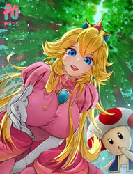 1girls alternate_breast_size blonde_hair blue_eyes breasts crown day dress earrings female forest fully_clothed huge_breasts long_hair looking_at_viewer mario_(series) nintendo open_mouth outside pink_dress princess_peach pumiss reaching_out reaching_towards_viewer smile toad_(mario) wholesome