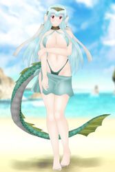 1girls alternate_costume arm_under_breasts bare_legs bare_shoulders beach bikini blue_bikini blue_hair blue_swimsuit covered_nipples dragon_tail fire_emblem fire_emblem:_the_blazing_blade green_nails itsukiru large_breasts light_blue_hair looking_at_viewer nail_polish ninian_(fire_emblem) nintendo nipple_bulge ocean red_eyes sarong sideboob slit_pupils smile solo solo_female swimsuit tail