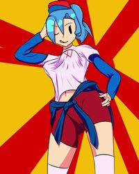 artist_request big_sis_(friday_night_funkin) big_sister_(friday_night_funkin) blue_hair breasts cameltoe exposed_stomach female friday_night_funkin fully_clothed hat hoodie_around_waist smile stockings tagme wink