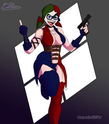 big_ass big_breasts big_butt blue_eyes cleavage clown dc dc_comics female female_only fit_female gloves gun harley_quinn harley_quinn_(injustice) injustice:_gods_among_us legs makeup mapashonsfw middle_finger muscular_female pistol solo thick_thighs thighhighs thighs white_body white_skin