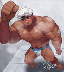 1boy abs akiha_gongen_(tokyo_afterschool_summoners) bandaid bandaid_on_nose bar_censor bara blush bulge censored dark-skinned_male dark_skin face facial_hair foreshortening foreskin full_body goatee holding horns jin_(sirius-j) jockstrap large_pectorals male male_focus male_only male_underwear multicolored_hair muscular muscular_male navel nipples pectorals penis_peek scar scar_across_eye scar_on_cheek scar_on_face short_hair shower shower_(place) showering sideburns single_horn solo stomach thick_eyebrows thighs tokyo_afterschool_summoners tokyo_houkago_summoners two-tone_hair underwear underwear_only wet_male_underwear white_hair white_male_underwear