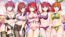 2019 5girls arms_under_breasts babydoll big_breasts black_panties black_pantyhose black_stockings blue_eyes blue_panties blush bra breasts brown_hair cleavage cropped_legs finger_in_mouth front_view fujima_takuya garter_belt go-toubun_no_hanayome green_panties hair_ribbon hands_behind_head happy headphones headphones_around_neck lingerie looking_at_viewer multiple_girls nakano_ichika nakano_itsuki nakano_miku nakano_nino nakano_yotsuba navel open_mouth orange_hair panties pantyhose pink_hair pink_panties posing purple_hair purple_panties quintuplets red_hair short_hair sisters standing stockings thigh_gap thighhighs tongue uncensored white_stockings