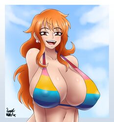 1girls artist_signature azraelwebster bikini bikini_top blush breasts breasts_bigger_than_head cleavage collarbone earrings eyebrows_visible_through_hair female female_only front_view gigantic_breasts huge_breasts large_breasts long_hair looking_at_viewer nami naughty_face navel nipple_bulge one_piece one_piece_film_z open_mouth orange_eyes orange_hair outdoors smile solo solo_female standing tagme thick_lips tongue upper_body