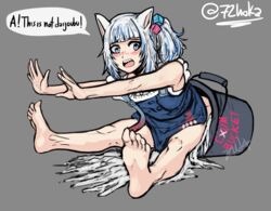 2021 72hoka blush catgirl cum cum_bucket dress excessive_cum gawr_gura gawr_gura_(casual) grey_background hololive hololive_english hololive_myth overall_skirt overalls shark_girl side_ponytail text virtual_youtuber