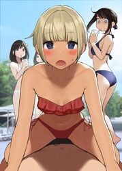 1boy 4girls ahoge ass bangs bikini blonde_hair blue_eyes blush breasts brown_eyes collarbone commentary cup dark-skinned_female dark_skin douki-chan's_boss_(yomu_(sgt_epper)) douki-chan's_rival_(yomu_(sgt_epper)) douki-chan_(yomu_(sgt_epper)) drinking_straw eyebrows_visible_through_hair flower frilled_bikini frills ganbare_douki-chan hair_flower hair_ornament highres intern-chan_(yomu_(sgt_epper)) kouhai-chan_(yomu_(sgt_epper)) male_swimwear medium_breasts medium_hair multiple_girls navel okuzumi_maiko open_mouth red_bikini shaded_face short_hair side-tie_bikini sidelocks small_breasts surprised sweatdrop swim_trunks swimsuit swimwear tan tied_hair very_short_hair white_bikini yomu_(sgt_epper)