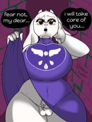 anthro background bbw big_breasts chubby furry hairy_pussy hand_on_head horns huge_breasts imminent_rape imminent_sex lifted_shirt lifting_clothing long_ears low-angle_view mammal megokinho mommy_kink pov purple_background pussy showing_off toriel undertale white_fur