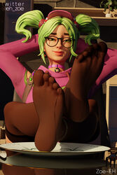 1girls 3d artist_name feet foot_fetish fortnite green_eyes green_hair no_shoes socks stockings tagme thighhighs zoe-eh zoey_(fortnite)