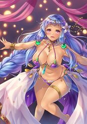 blue_hair blush bra bracelet braid breasts cleavage dancer dancing dark-skinned_female dark_skin flower gem jewelpet khuri_(sennen_sensou_aigis) large_breasts legband long_hair looking_at_viewer makirin navel open_mouth panties purple_eyes sanrio sennen_sensou_aigis smile solo sweat