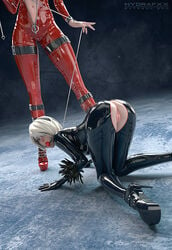 3d all_fours ass ball_gag bdsm bent_over big_ass blender bodysuit bondage dominatrix exposed_ass exposed_pussy female female_only femdom femsub gag gagged hair_over_one_eye high_heels hydrafxx kaine_(nier) l2girls latex latex_suit leash leash_pull leashed looking_at_viewer looking_back multiple_girls nier nier:_automata pussy red_ball_gag short_hair white_hair yorha_2b yuri