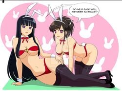 2girls asuka_(senran_kagura) black_hair breasts brown_hair bunny_ears cleavage fake_animal_ears female_only femsub happy_sub heart heart_eyes high_heels ikaruga_(senran_kagura) jimryu large_breasts long_hair micro_bikini midriff mind_control multiple_girls multiple_subs senran_kagura short_hair symbol_in_eye text thighhighs watermark